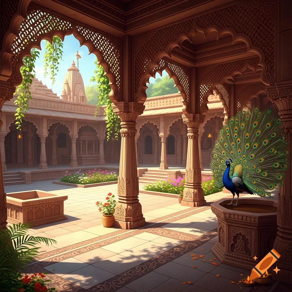 A vibrant Gujarati temple courtyard with intricate stone carvings, lush greenery, and a proud peacock displaying its feathers.