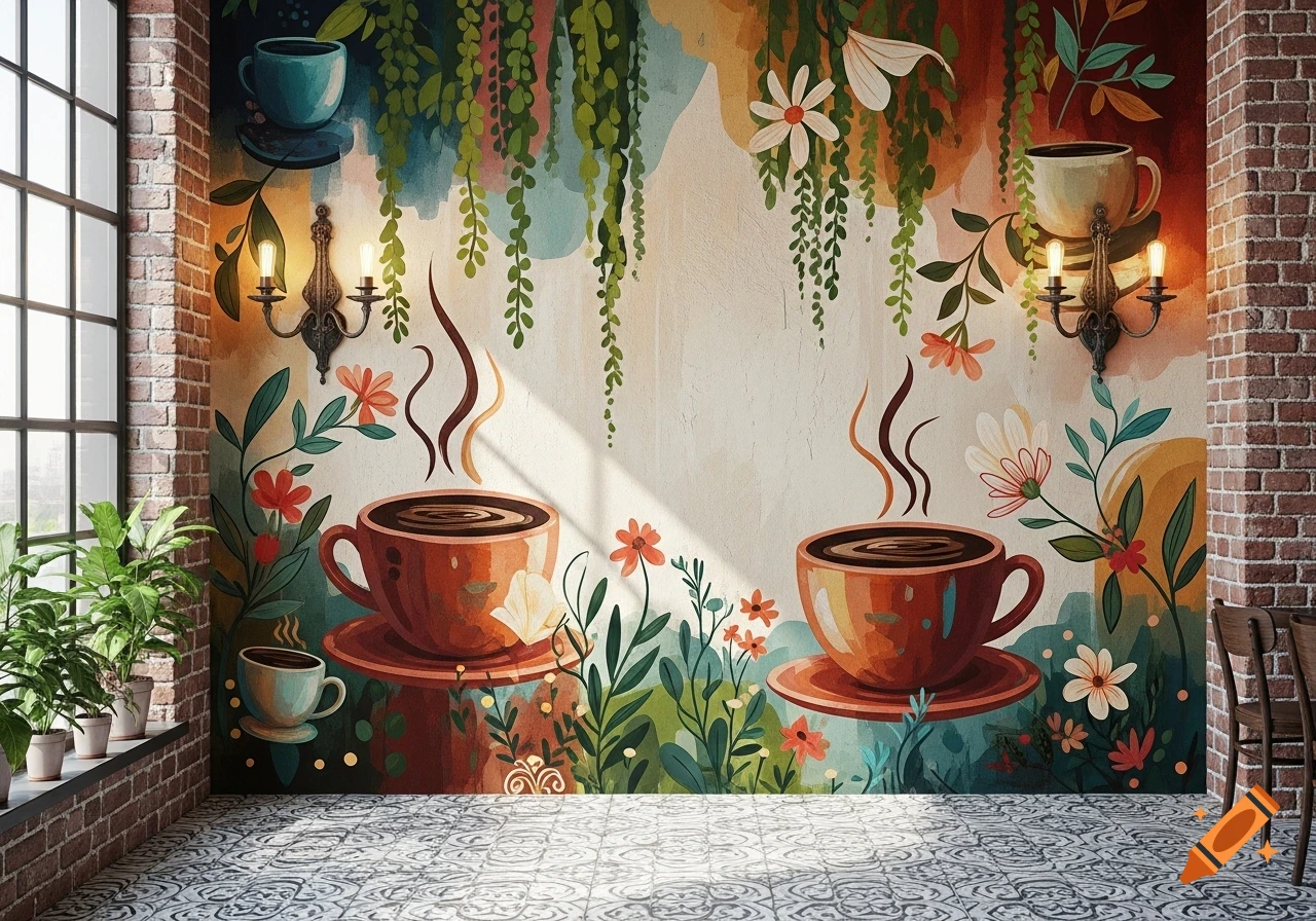Vibrant watercolor mural of steaming coffee cups, vines, and flowers on a cafe wall with large windows and brick accents.