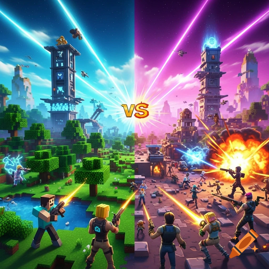 A vibrant, blocky scene depicting a battle between Minecraft and Fortnite characters on a split landscape, with 'VS' in the center.