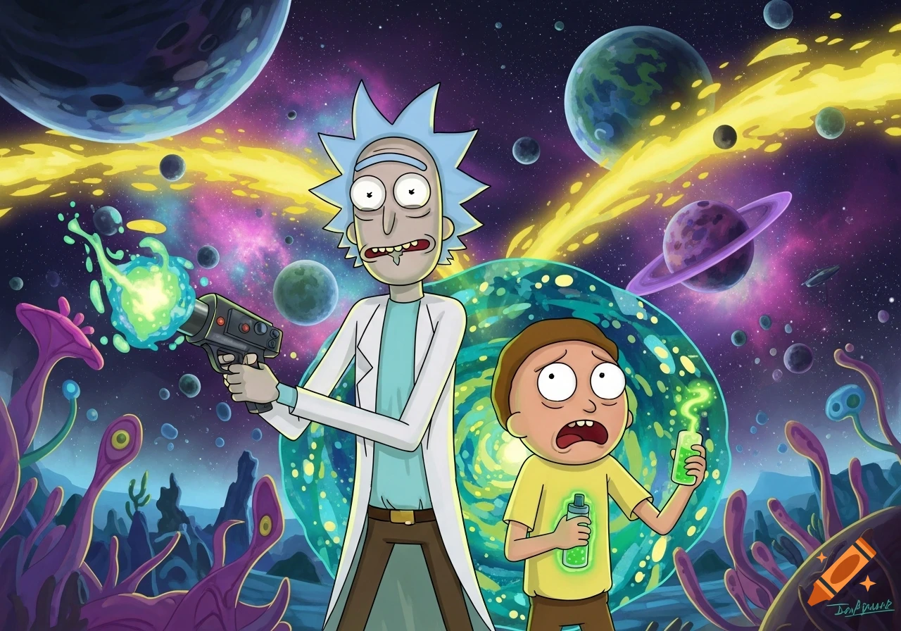 Cartoon Rick and Morty in vibrant space. Rick holds a laser gun, Morty a glowing vial, with colorful planets, alien plants, and a portal.