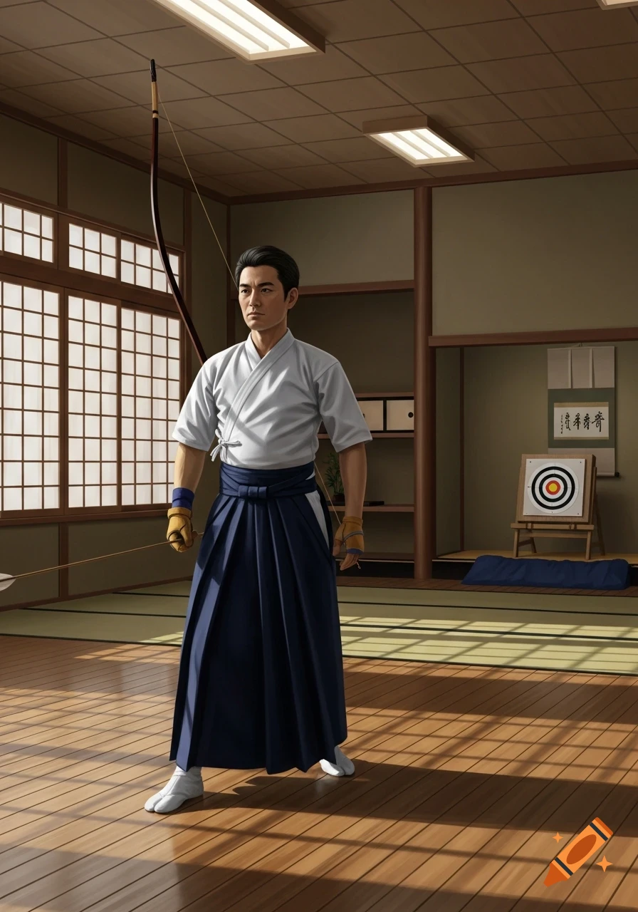 A man in a white kyudo uniform and dark blue hakama stands with a bow in a traditional Japanese dojo.