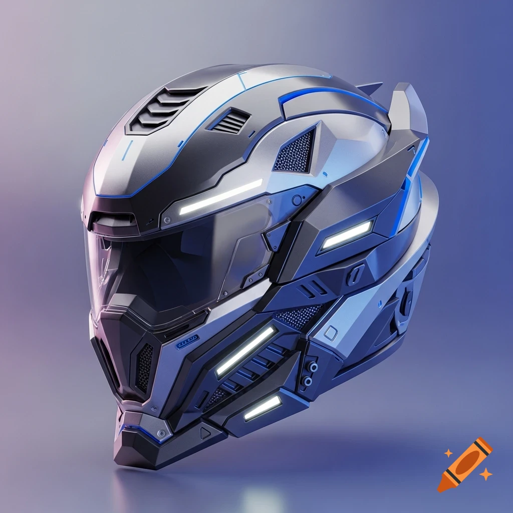 A highly detailed, futuristic sci-fi helmet in metallic gray with glowing blue accents and white lights.