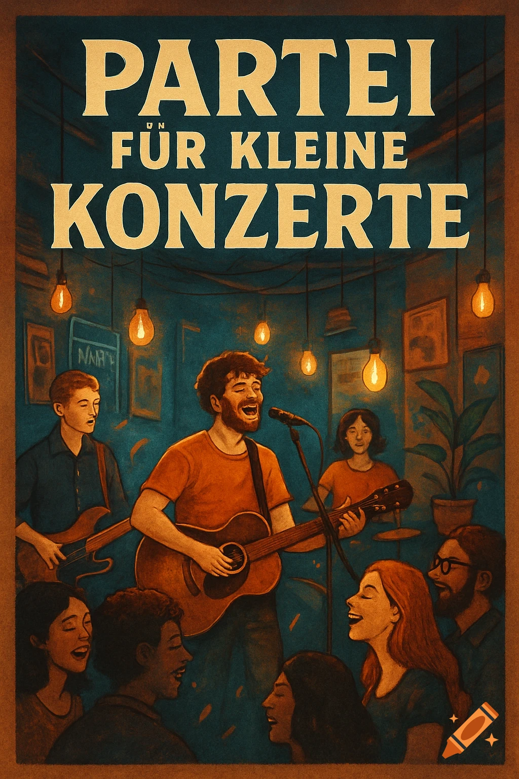An illustrative poster shows a band playing a small concert to an audience, with text 'PARTEI FÜR KLEINE KONZERTE' above.