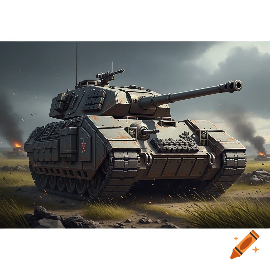 A detailed, photorealistic military tank stands in a grassy, rocky field under a smoky sky with distant fires.