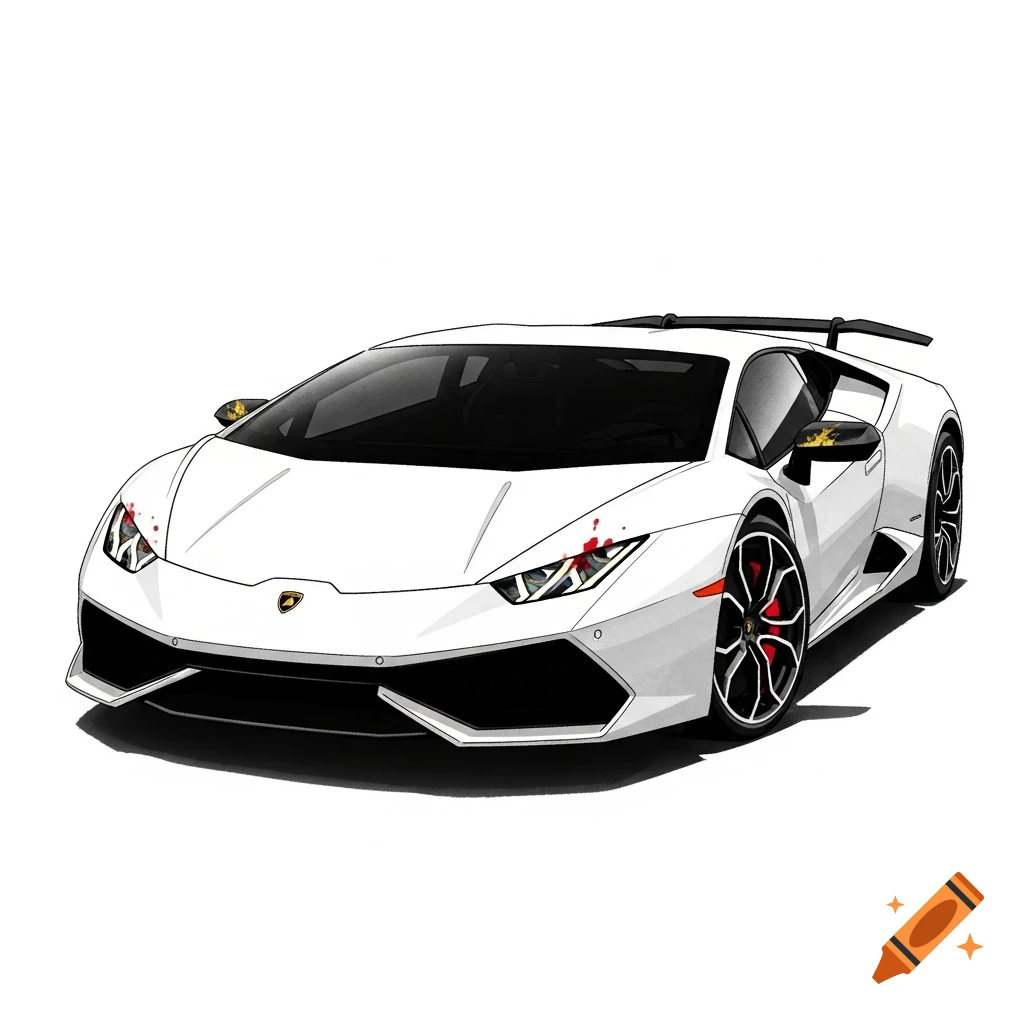 White Lamborghini sports car illustrated in a traditional ink painting style with red splatters.