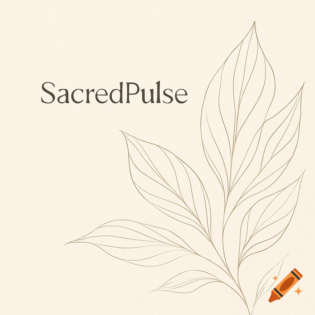 A minimalist logo with the text "SacredPulse" in a brown serif font, accompanied by abstract brown line art of leaves on a light beige background.