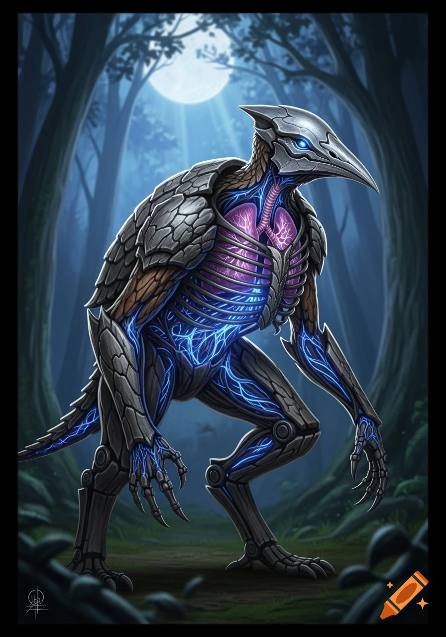 A detailed bipedal bird-like creature with a grey exoskeleton, glowing blue veins, and exposed purple lungs in a moonlit forest.
