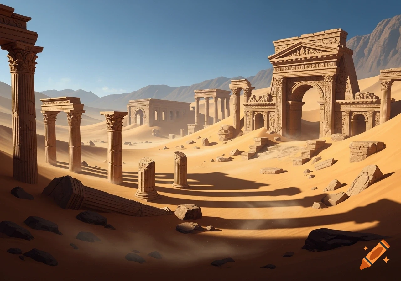 Photorealistic depiction of ancient ruined city structures, including columns and archways, partially buried in a vast, sandy desert landscape under a clear sky.