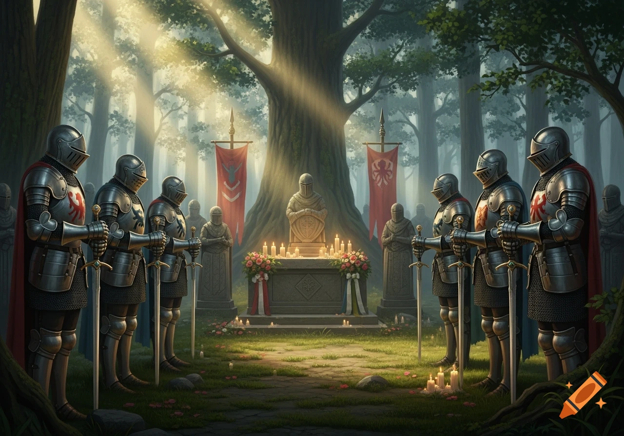 Knights in full armor stand solemnly in a sunlit forest clearing around a stone monument adorned with candles and flowers.