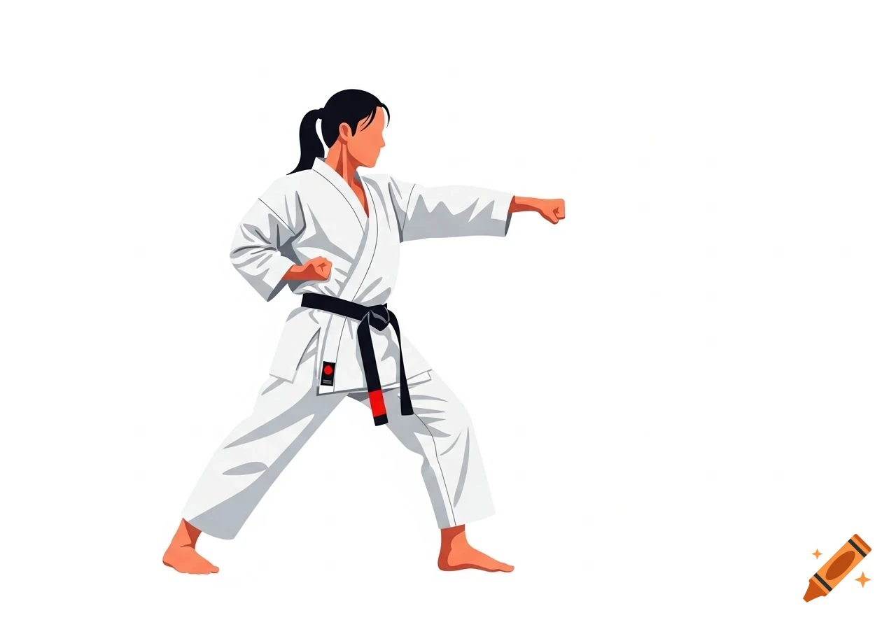 A stylized illustration of a person in a white karate gi and black belt performing a punch stance on a white background.