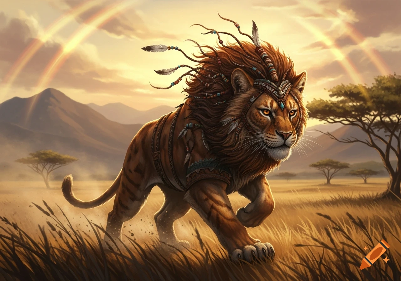 A majestic warrior lion with tribal adornments runs through a sunlit savanna under a double rainbow.