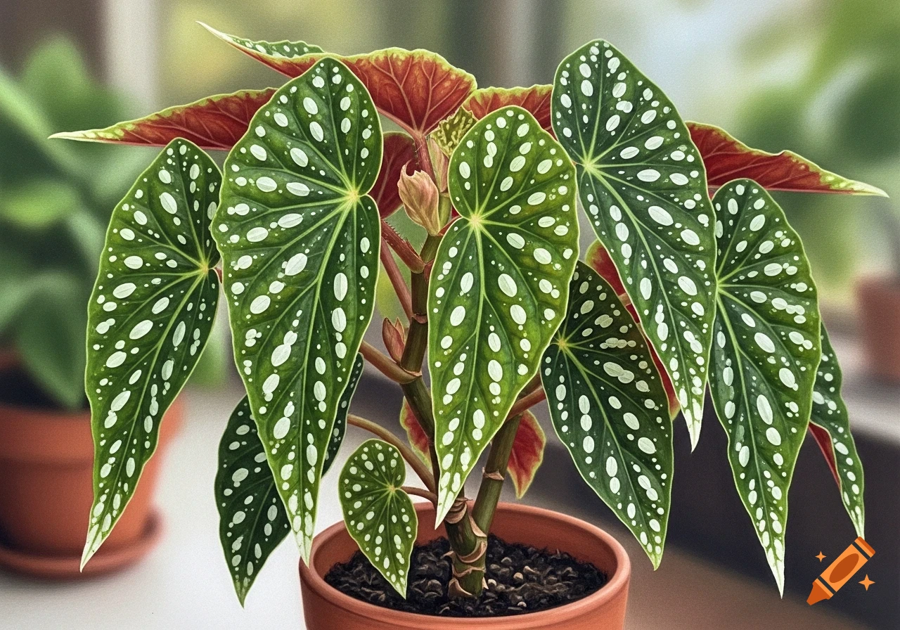 Realistic drawing of a maculated begonia houseplant with green leaves speckled with white, in a terracotta pot.