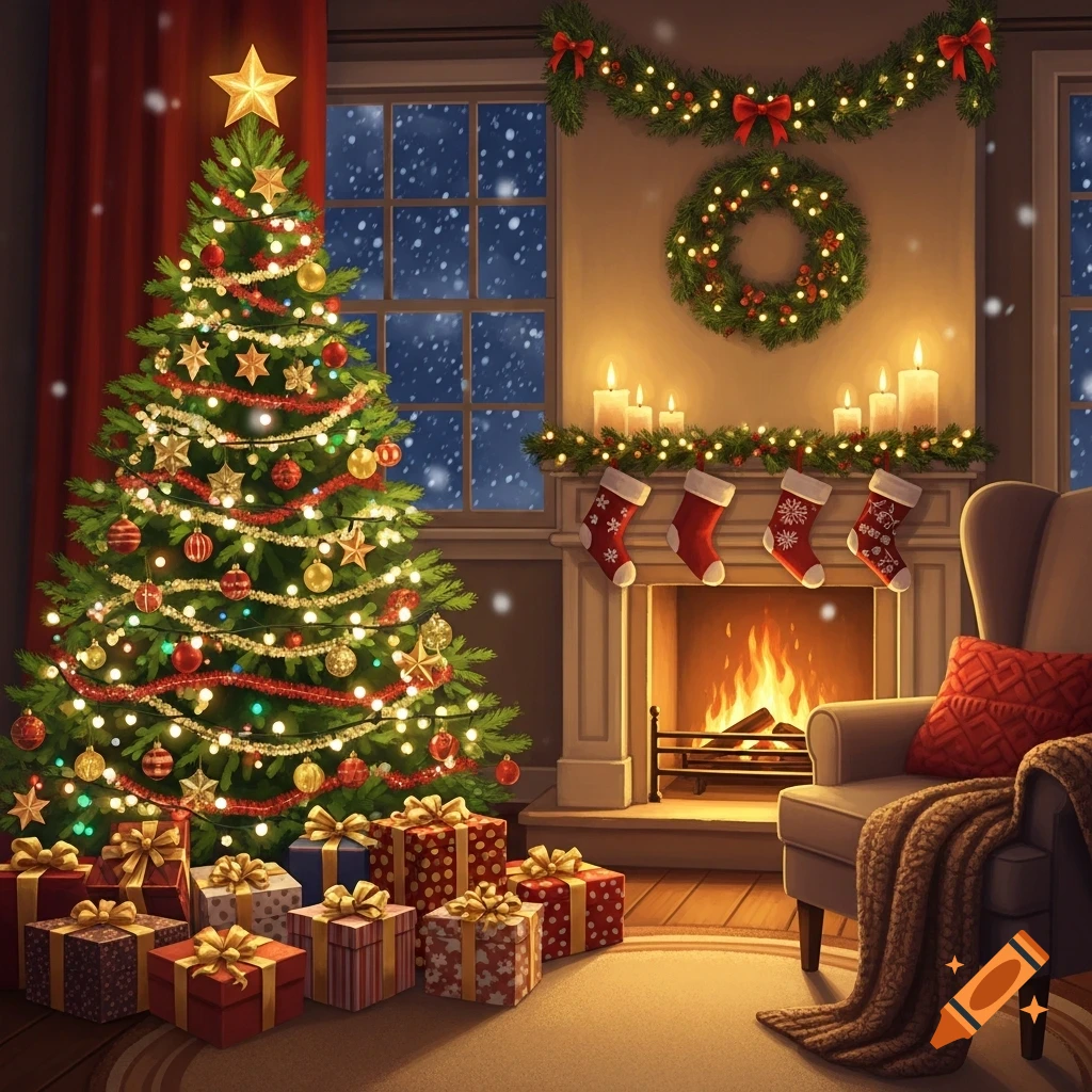 A cozy Christmas living room at night, with a decorated tree, glowing ...
