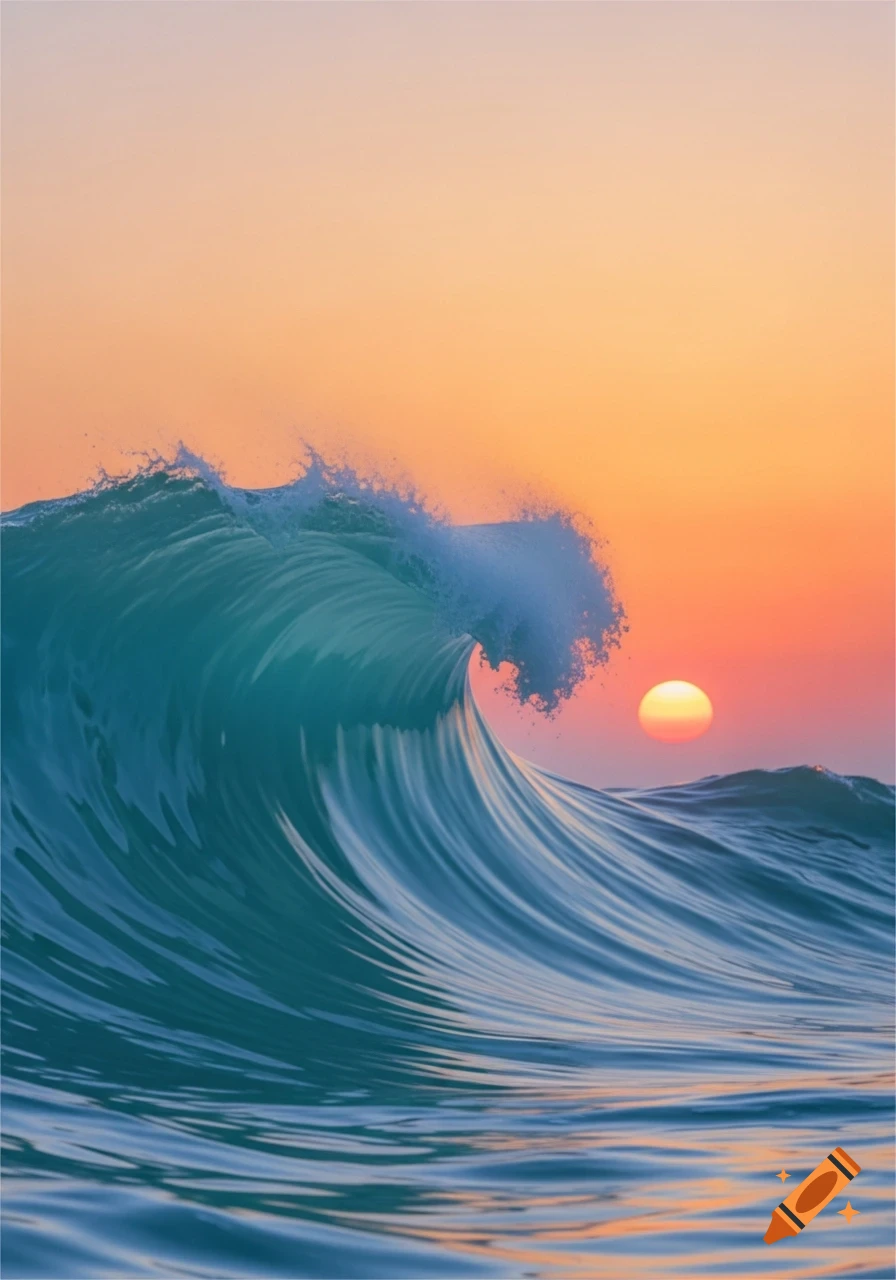 A large, powerful ocean wave crests under a vibrant orange and pink sunset sky.