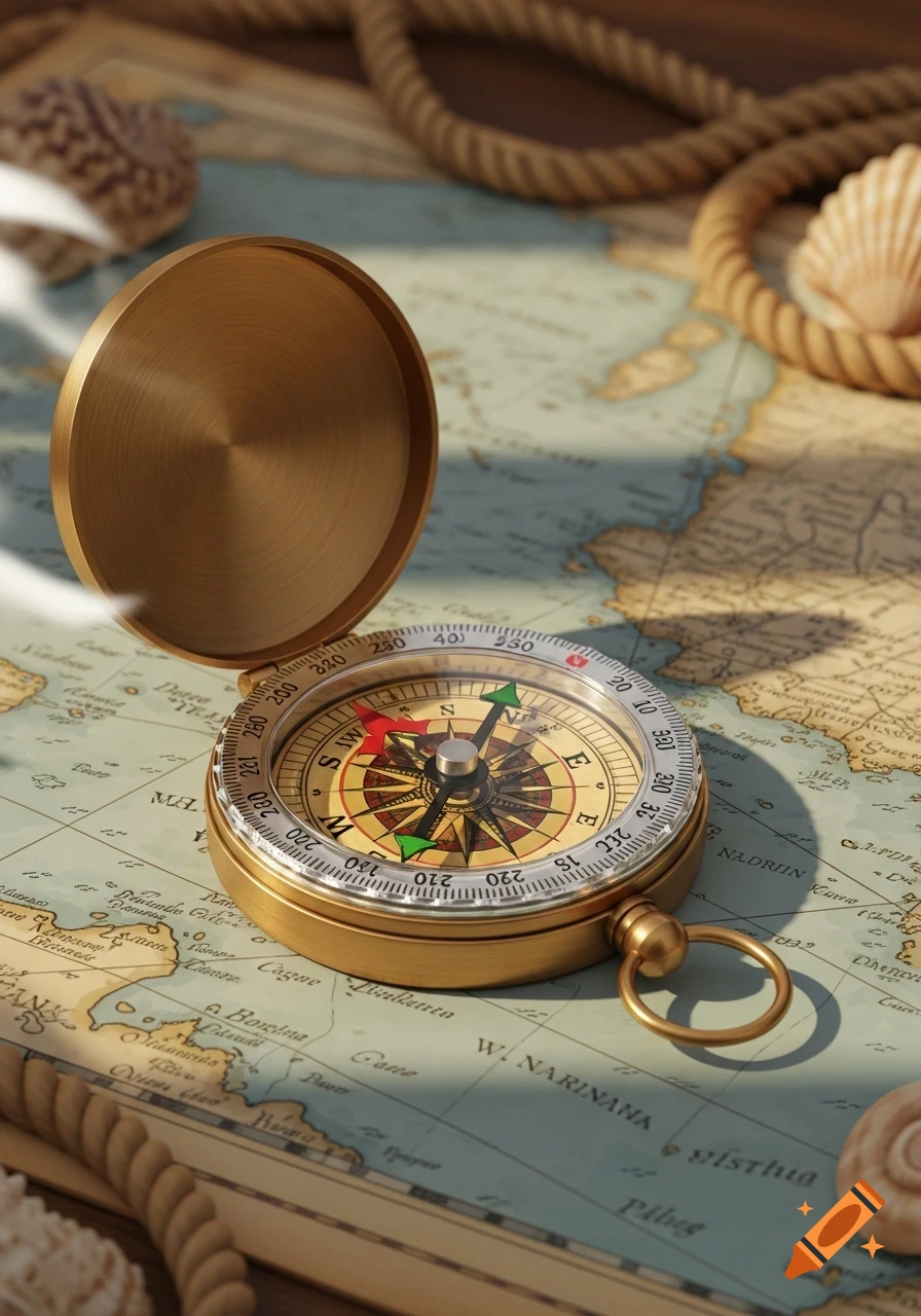 A brass compass with an open lid rests on an old map, surrounded by rope and seashells. Photorealistic.