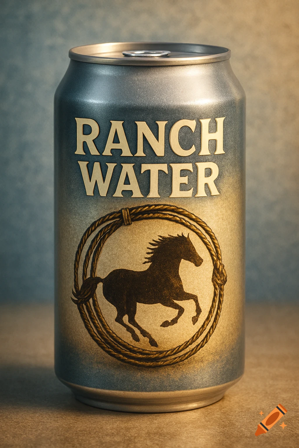 A close-up, photorealistic image of a metallic silver-blue beverage can with "RANCH WATER" in gold text above a horse within a lasso rope logo.