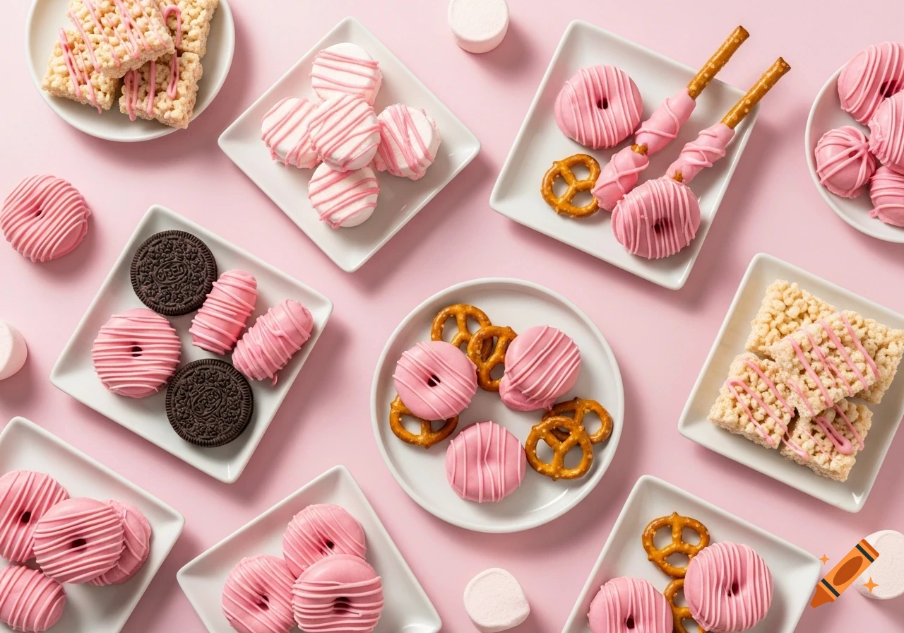 Flat lay of pink-dipped Oreos, marshmallows, pretzels, and Rice Krispies treats on a light pink background.
