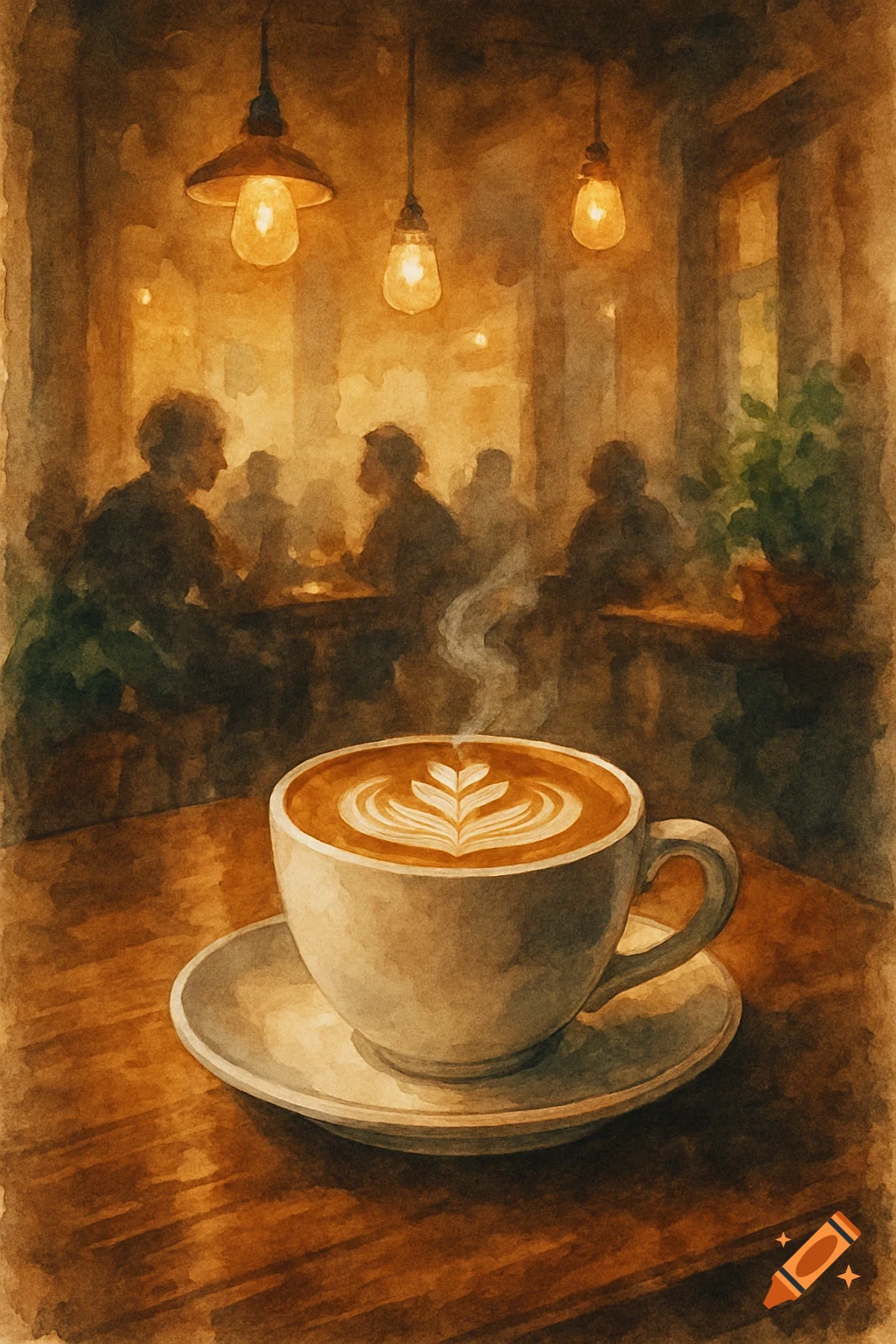 Steaming cup of latte with art on a wooden table in a dimly lit cafe with silhouetted patrons, watercolor style.