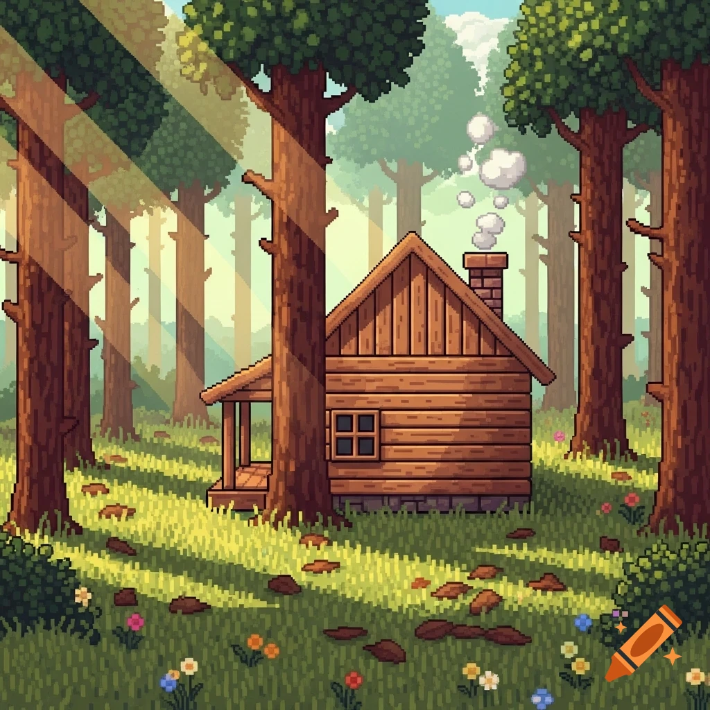 A pixel art illustration of a cozy wooden cabin nestled in a sun-drenched forest with tall trees and wildflowers.