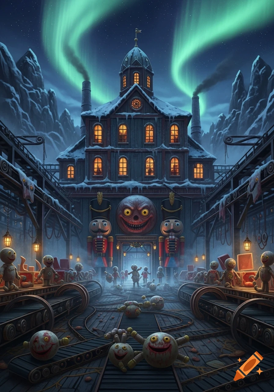 A dark, horror-themed toy factory in a snowy arctic landscape under the aurora borealis, with creepy toys and a giant scary face on the building.
