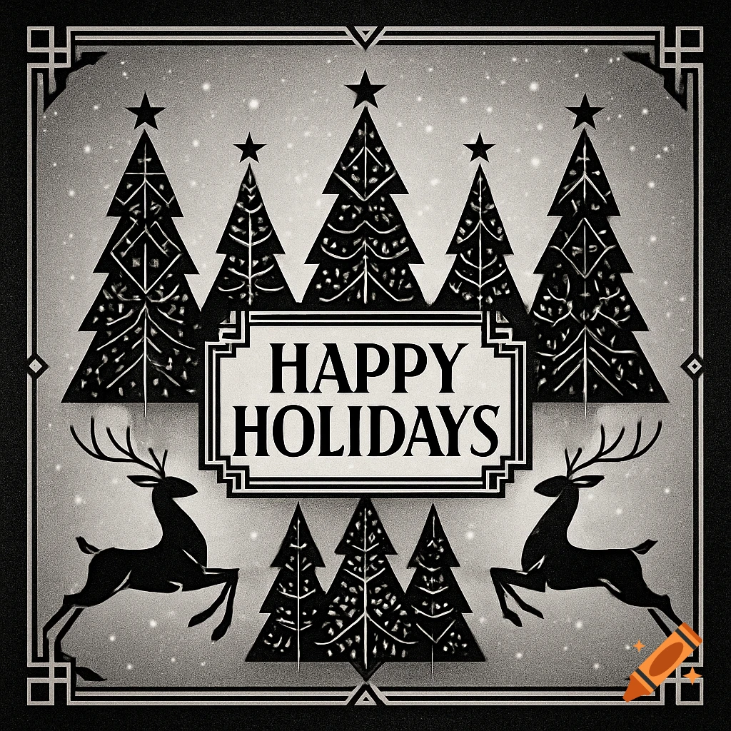Black and white Art Deco Christmas card with trees, stars, leaping reindeer, and "HAPPY HOLIDAYS" text.