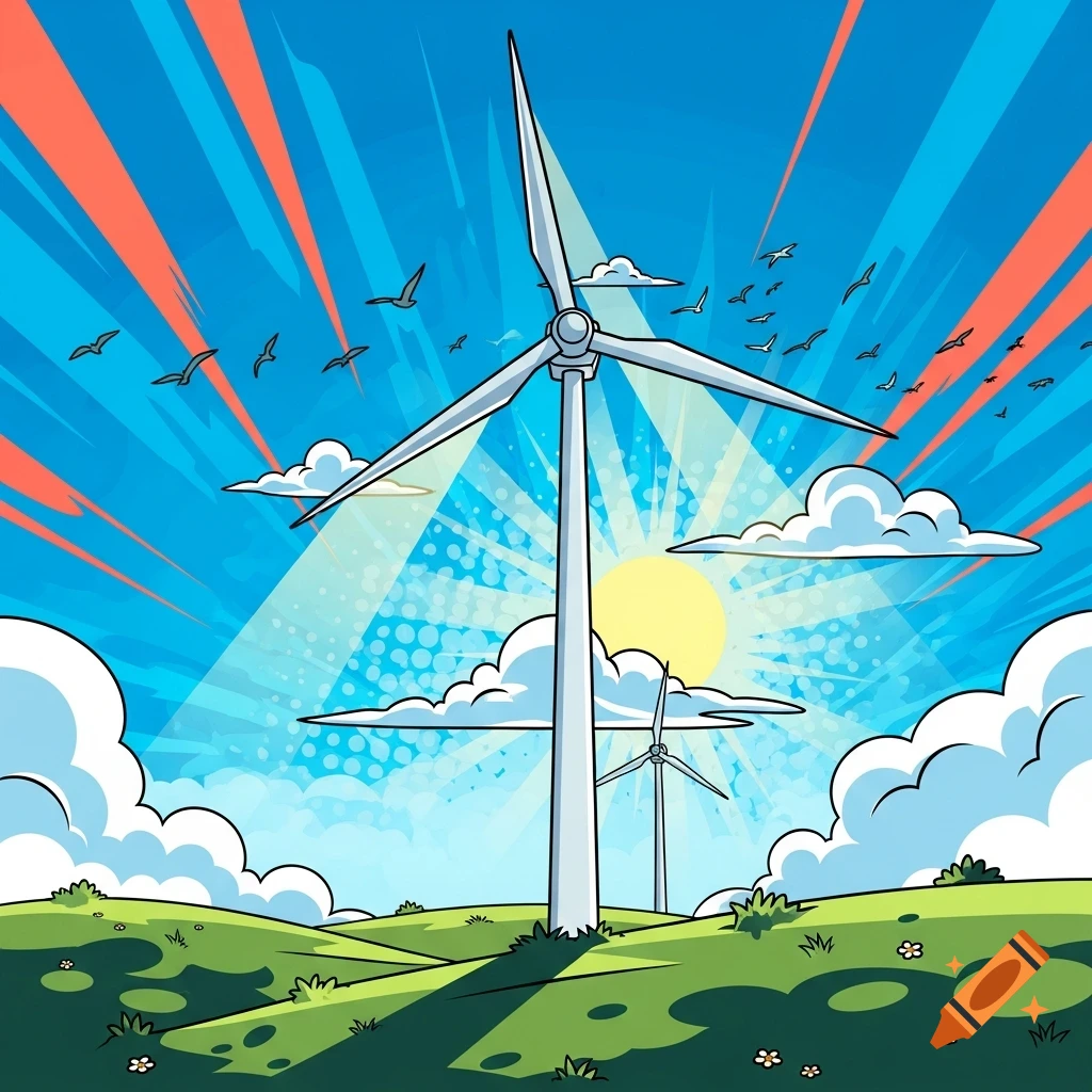 Comic-style illustration of wind turbines on green rolling hills under a bright sun and blue sky with flying birds.