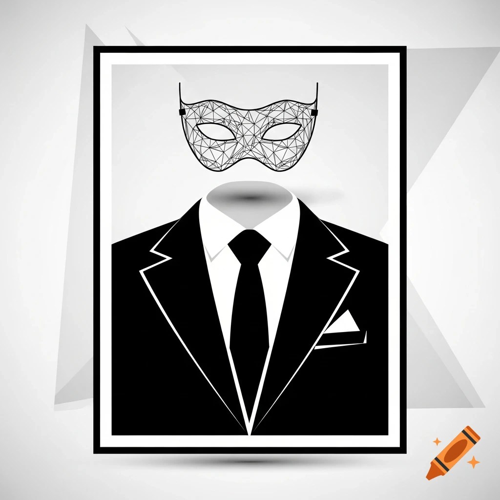 Graphic illustration of a black suit with a white shirt and tie, featuring a geometric wireframe mask floating above the collar.