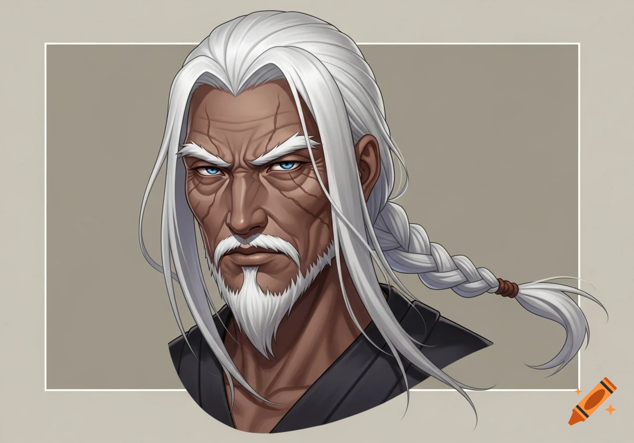 Anime-style bust portrait of a stern, dark-skinned older man with long white braided hair and a white goatee.