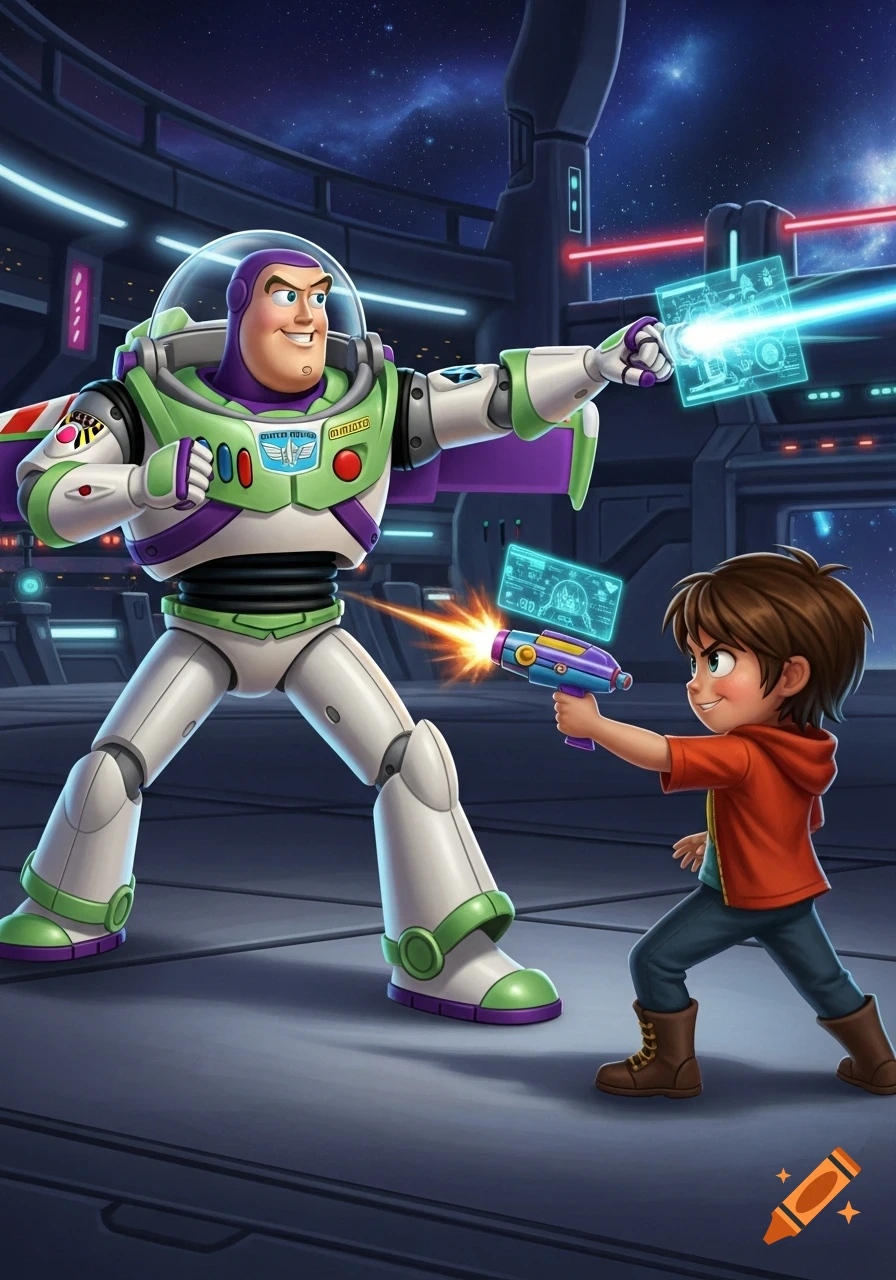 Buzz Lightyear and a brown-haired boy engage in a laser gun battle inside a futuristic space station, cartoon style.