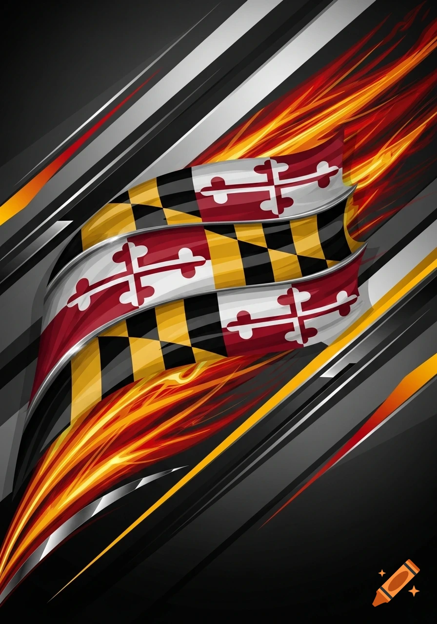 Dynamic, racing-style graphic of the Maryland flag with orange flames and grey speed lines on a dark background.