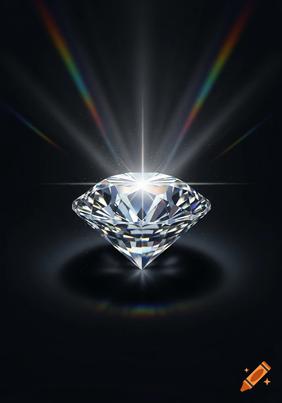 A brilliant-cut diamond sparkles with light rays and spectral colors on a dark background.