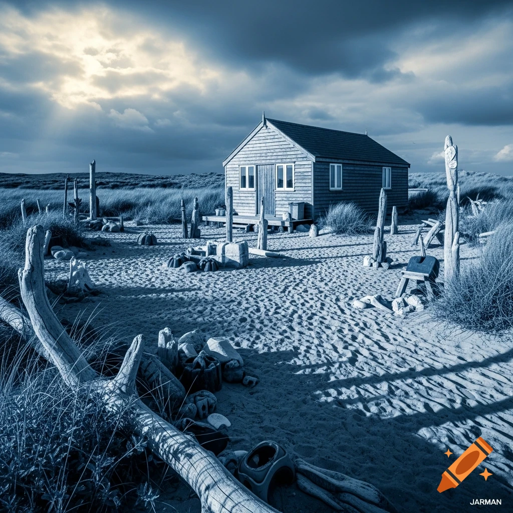 Monochromatic cyanotype landscape of a small wooden beach house on a sandy shore with driftwood under a dramatic cloudy sky.