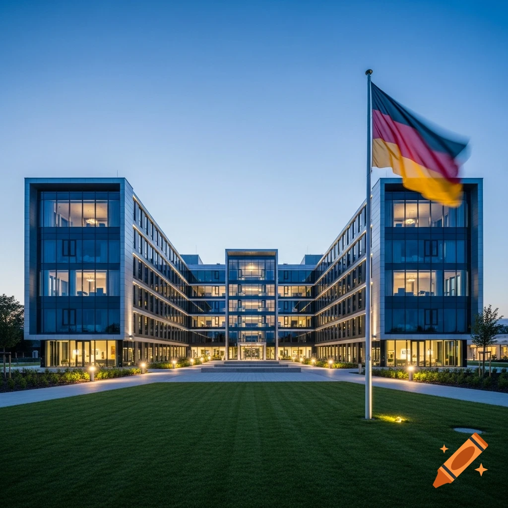 A modern, V-shaped building with glass facades and illuminated windows at dusk, with a German flag waving in the foreground over a green lawn.