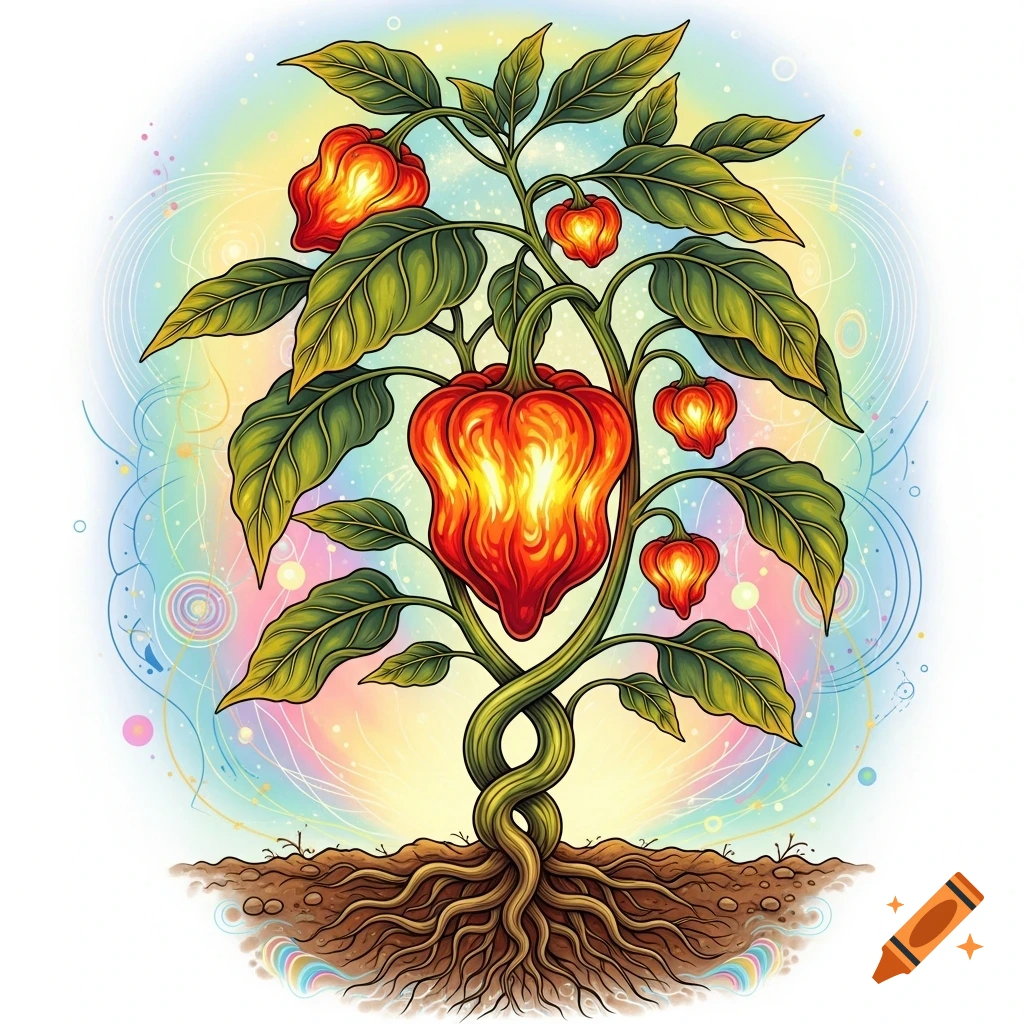 Vibrant habanero pepper plant with glowing red peppers and intricate roots in a psychedelic art style.