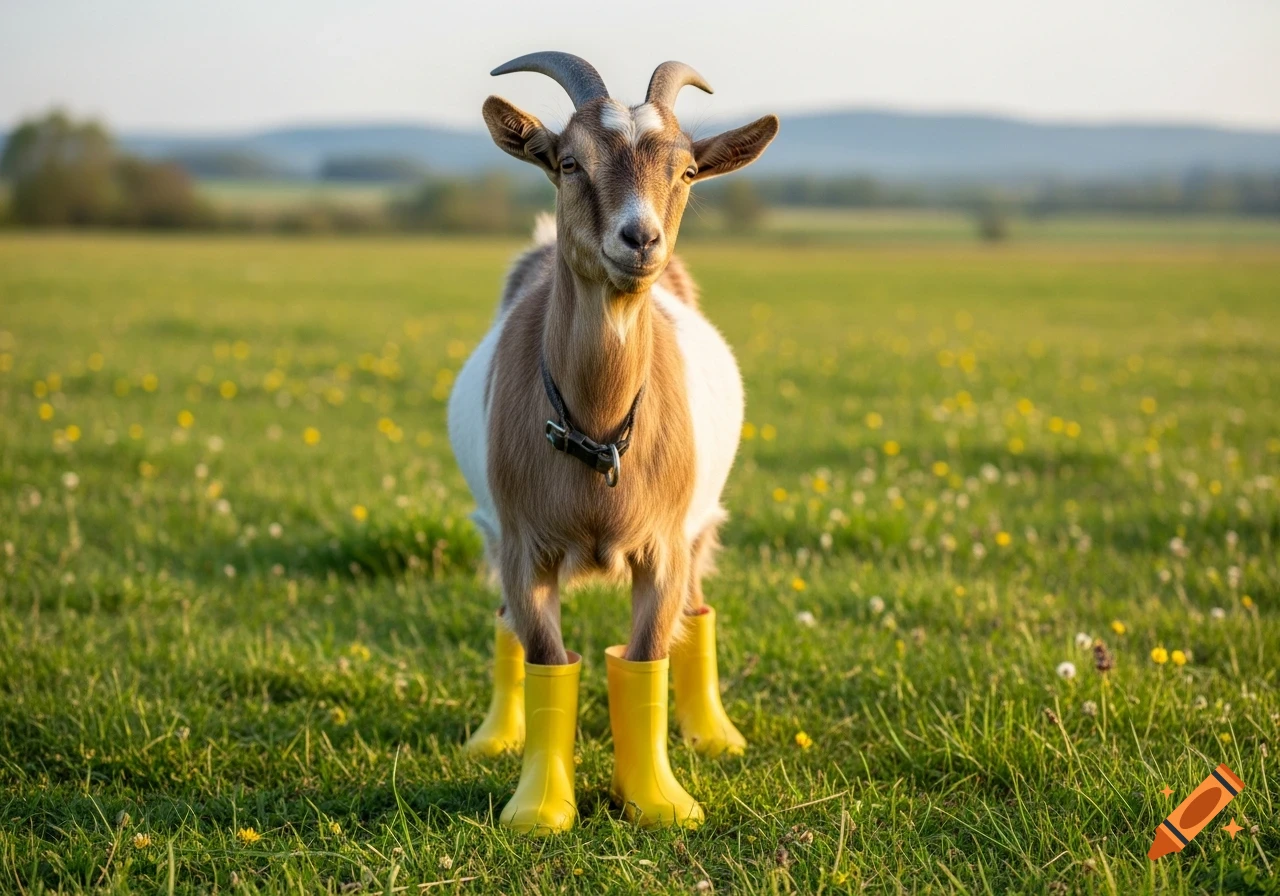 A brown and white goat wearing yellow rubber boots stands in a sunny green field.
