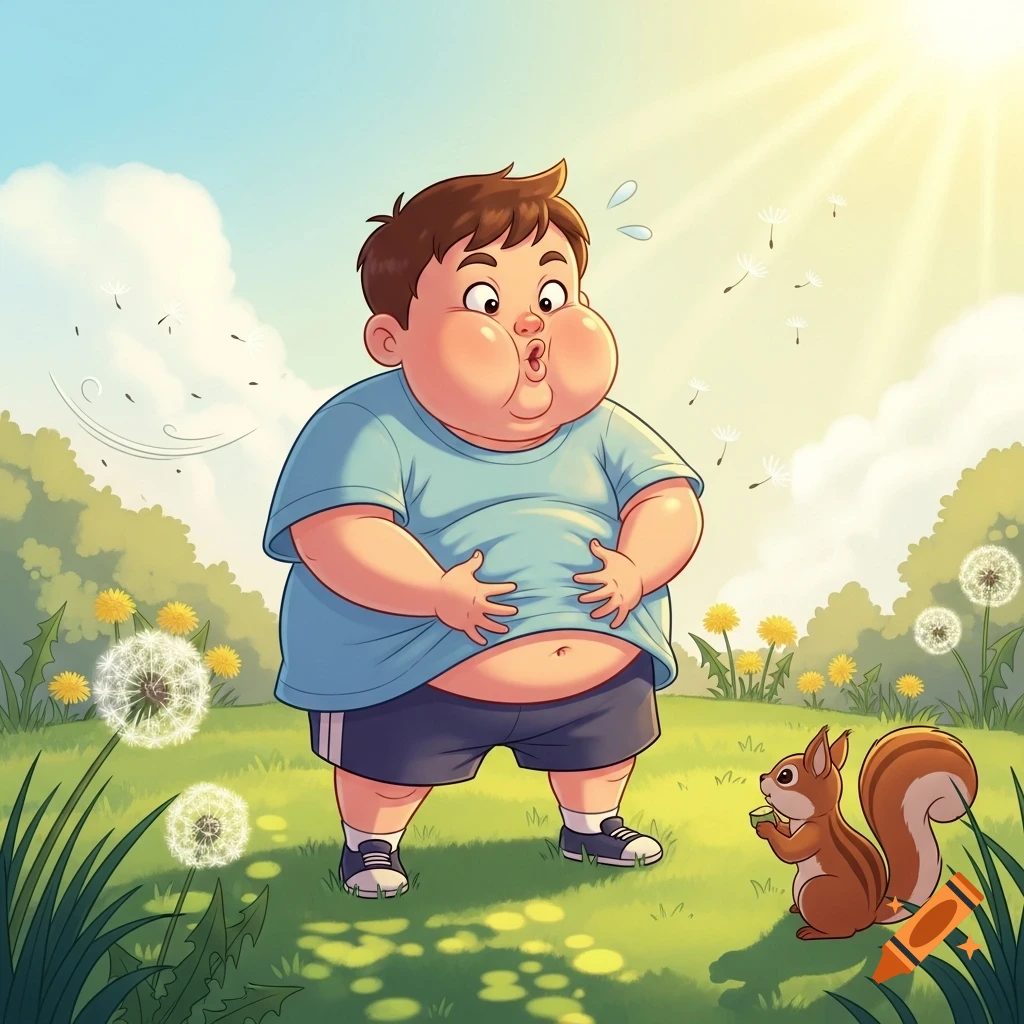 A chubby cartoon boy with puffed cheeks holds his belly in a sunny park with a squirrel.