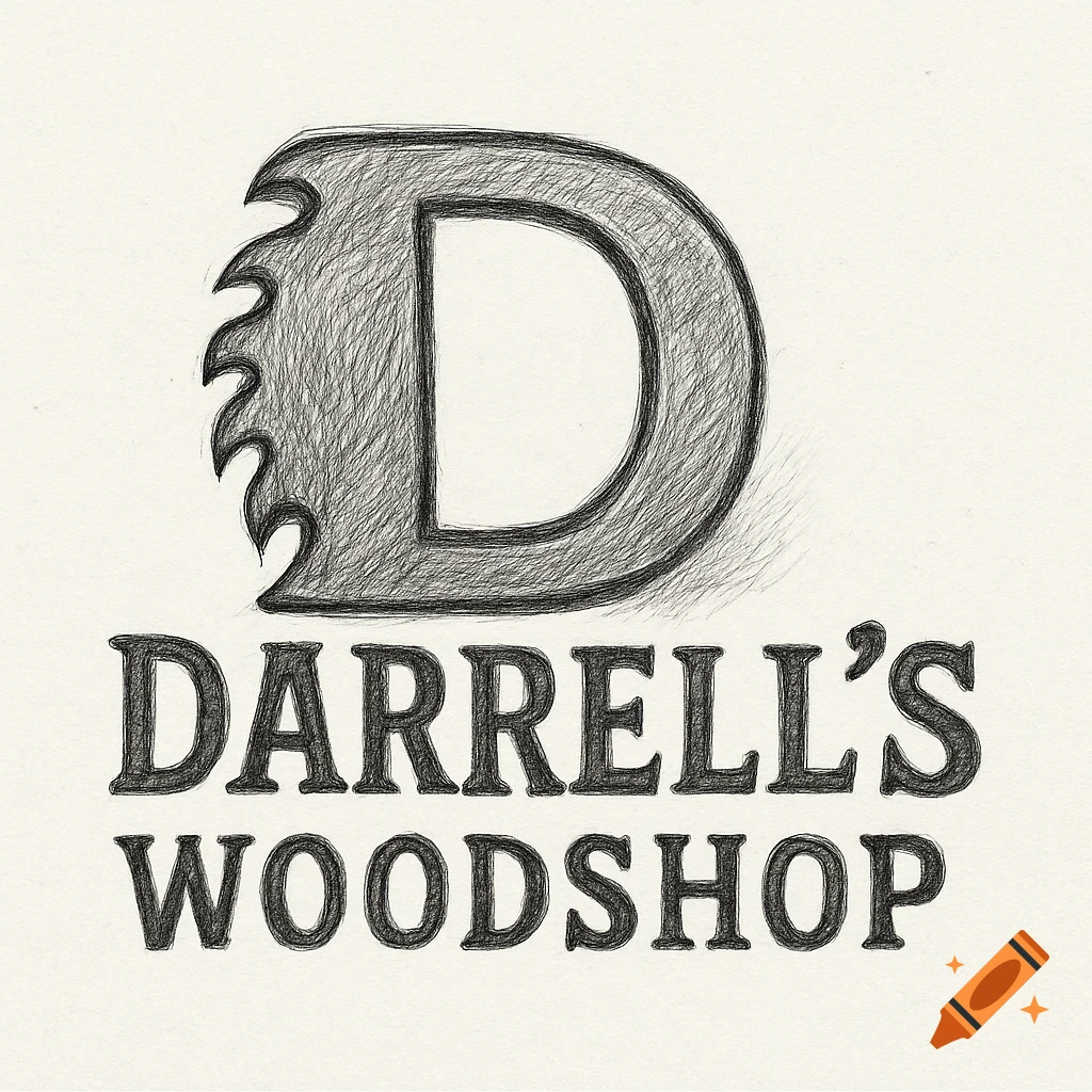 A black and white sketch-style logo with a 'D' shaped as a sawblade, above the text "DARRELL'S WOODSHOP".