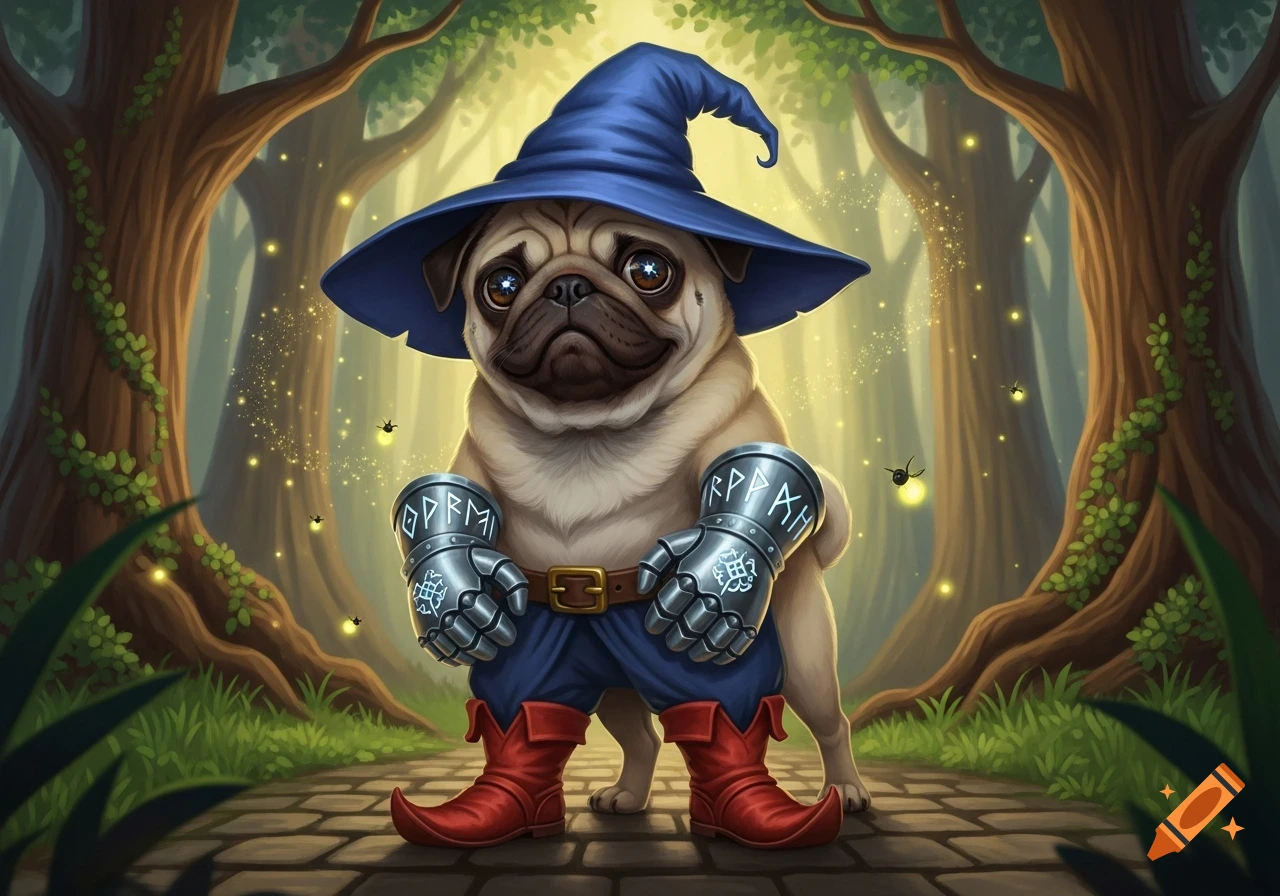 A cartoon pug dressed as a wizard, wearing a blue hat, red boots, and metal gauntlets, stands on a cobblestone path in an enchanted forest with fireflies.