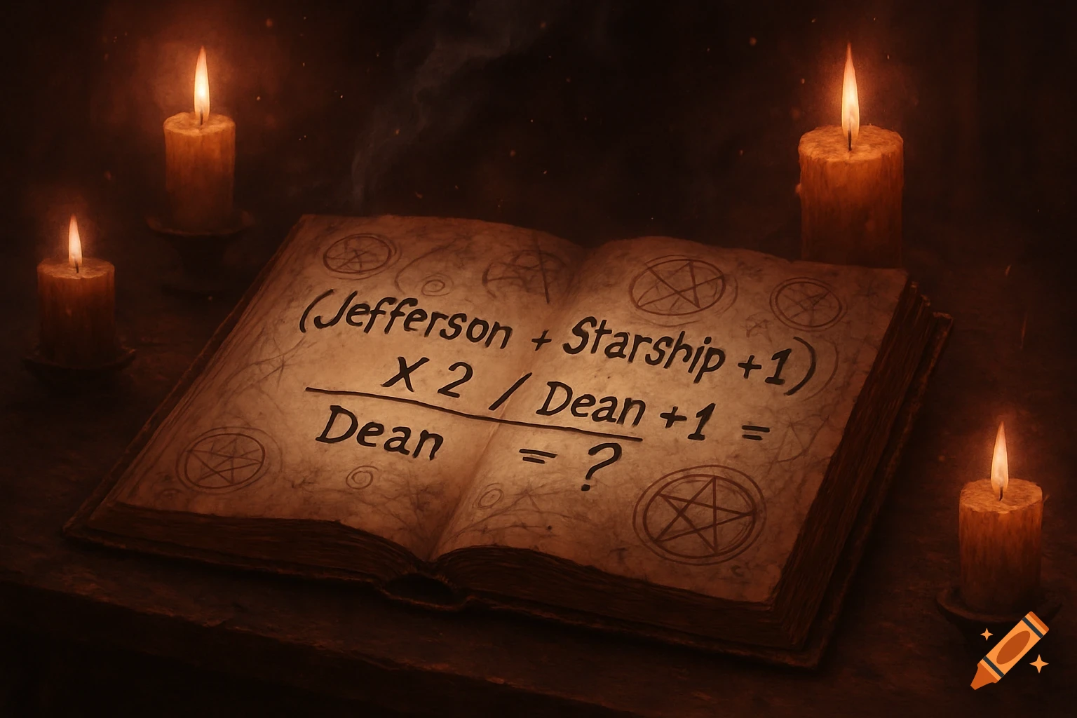An open, aged journal displaying a math formula and occult symbols, illuminated by flickering candlelight on a dark table.