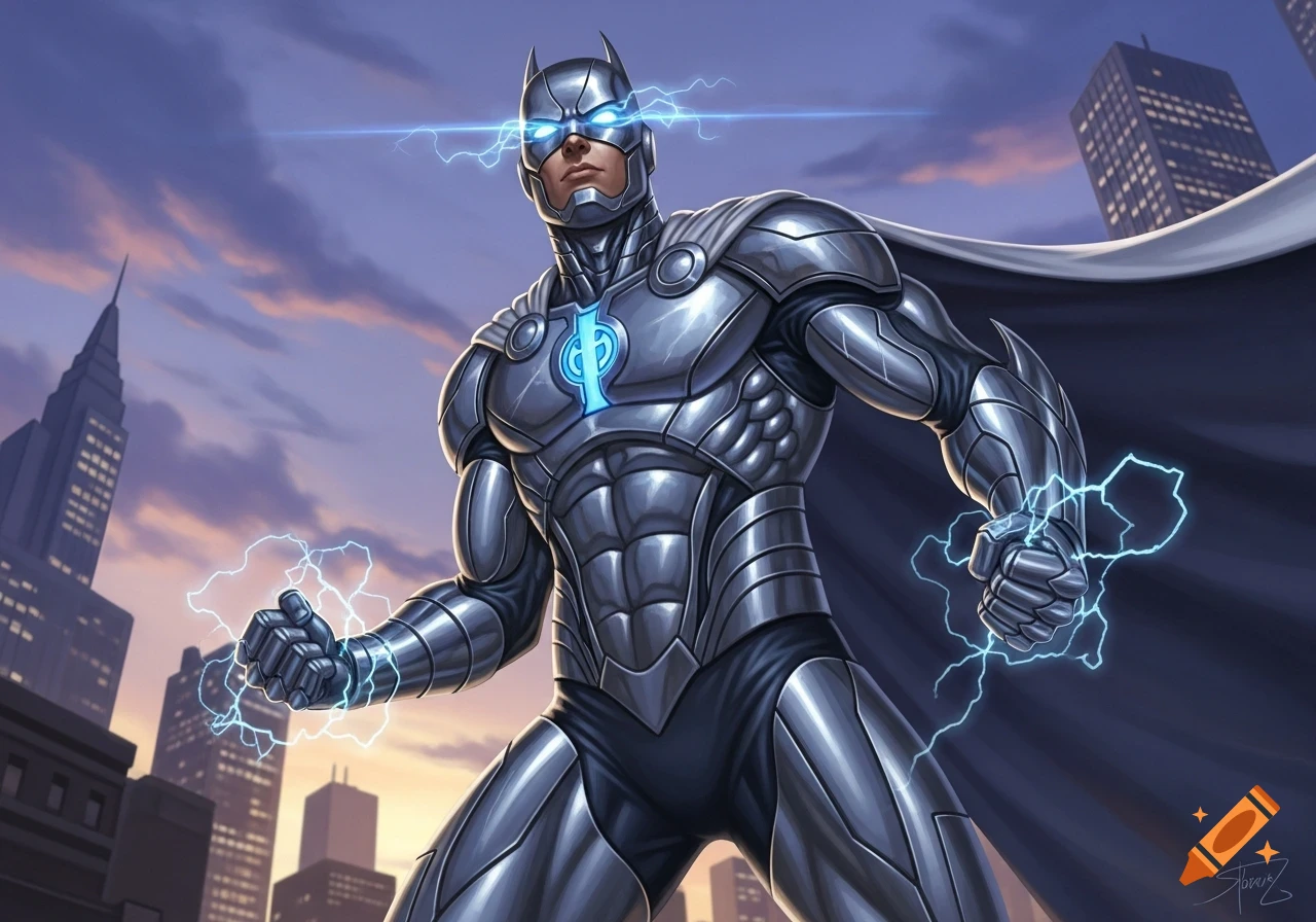 A muscular superhero in metallic silver armor with glowing blue ...