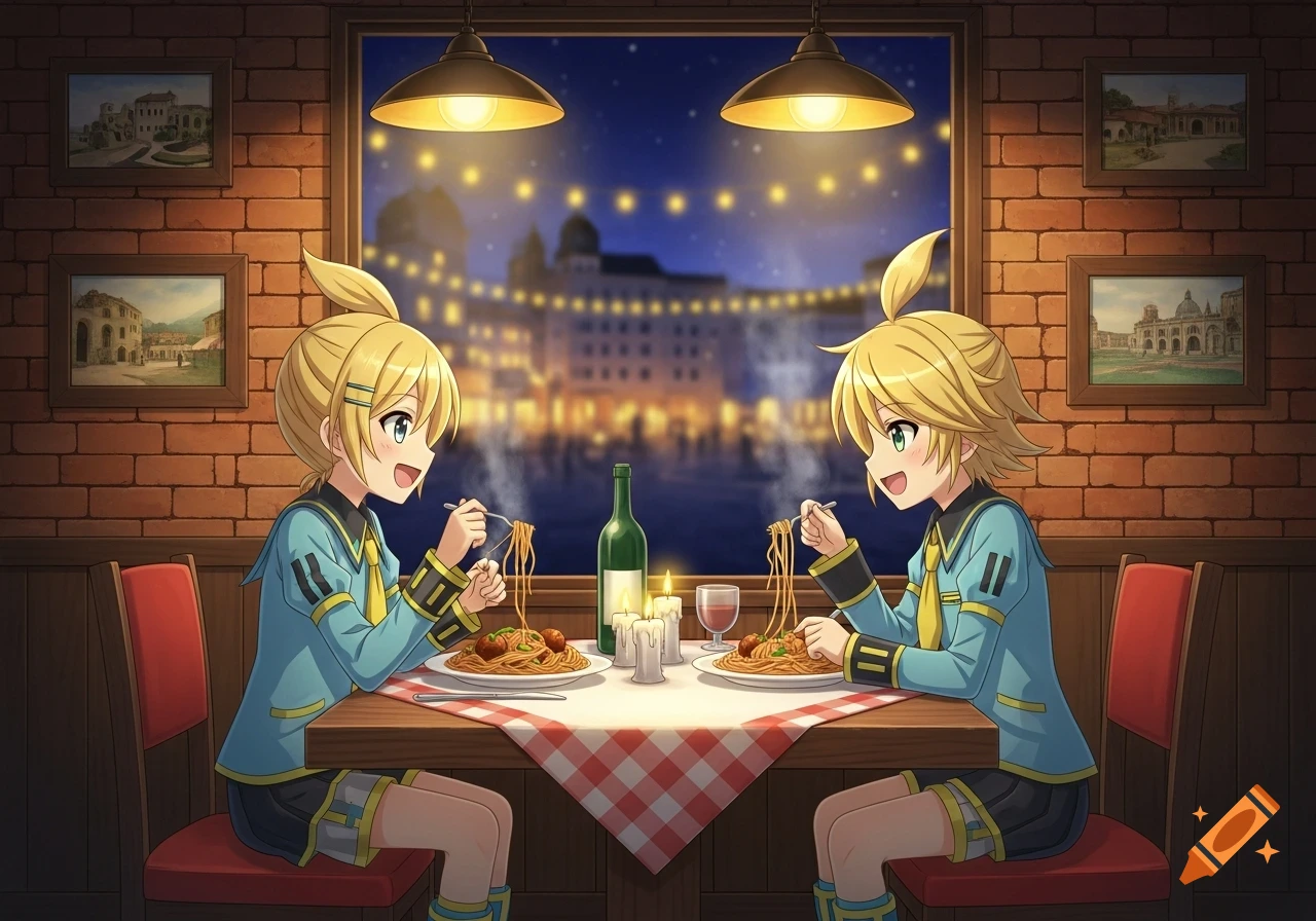Anime characters Kagamine Len and Rin eat spaghetti and meatballs at a cozy Italian restaurant at night.