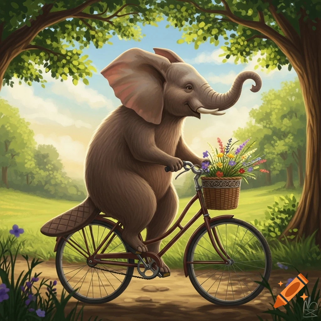 A cartoon elephant-beaver hybrid rides a bicycle through a sunny forest path, with a basket of colorful flowers.