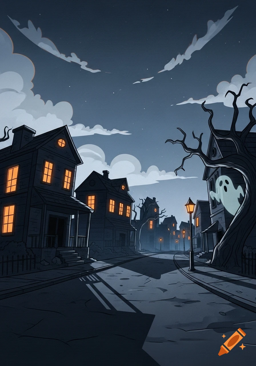 Cartoon illustration of a spooky Halloween street at twilight, with eerie houses, a bare tree, and a ghost peeking.