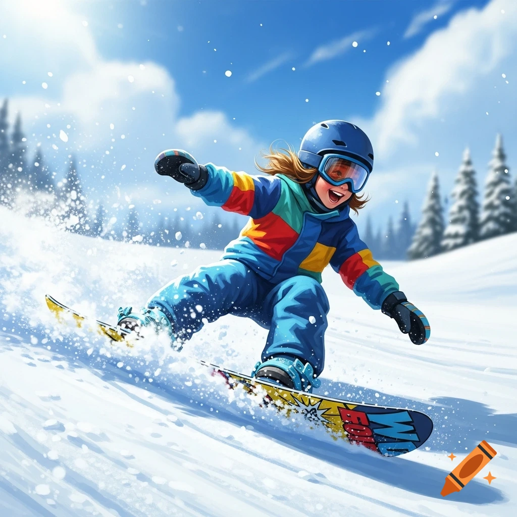 A happy child in colorful winter gear snowboards down a snowy slope, kicking up snow, under a bright blue sky.