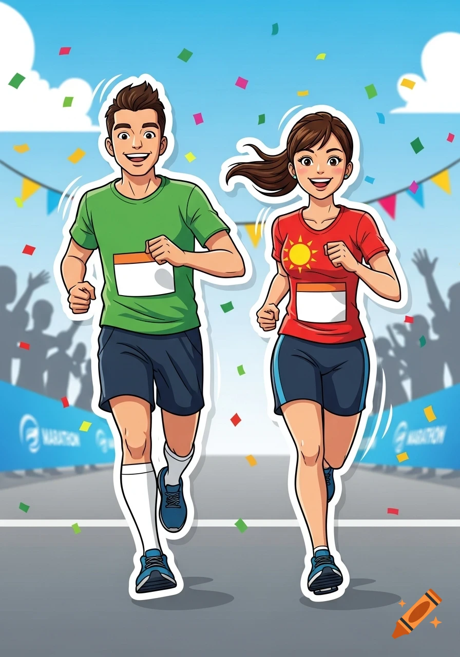 Cartoon male and female runners smiling in a marathon race with confetti and a crowd in the background.