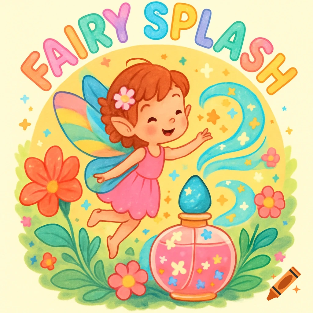 Colorful illustration of a cheerful fairy with rainbow wings, surrounded by flowers and a pink perfume bottle, with "FAIRY SPLASH" text.