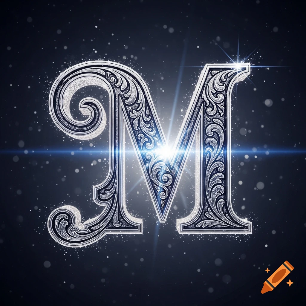 A decorative silver letter M with filigree patterns, glowing light, and sparkling particles on a dark background.