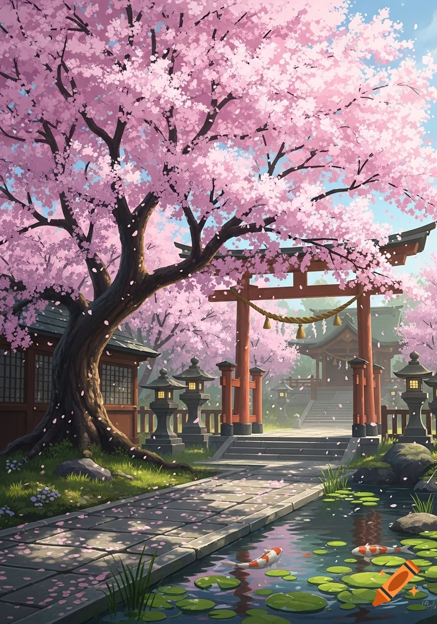Vibrant illustration of a Japanese shrine entrance with a red Torii gate, cherry blossom tree, koi pond, and stone lanterns.