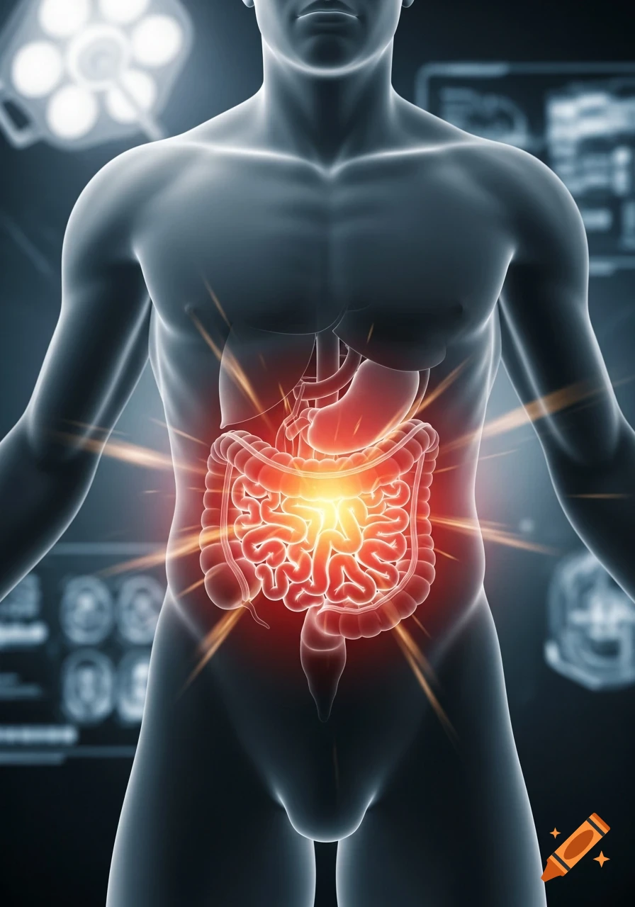 3D medical illustration of a translucent human torso highlighting a glowing digestive system against a blurred medical background.