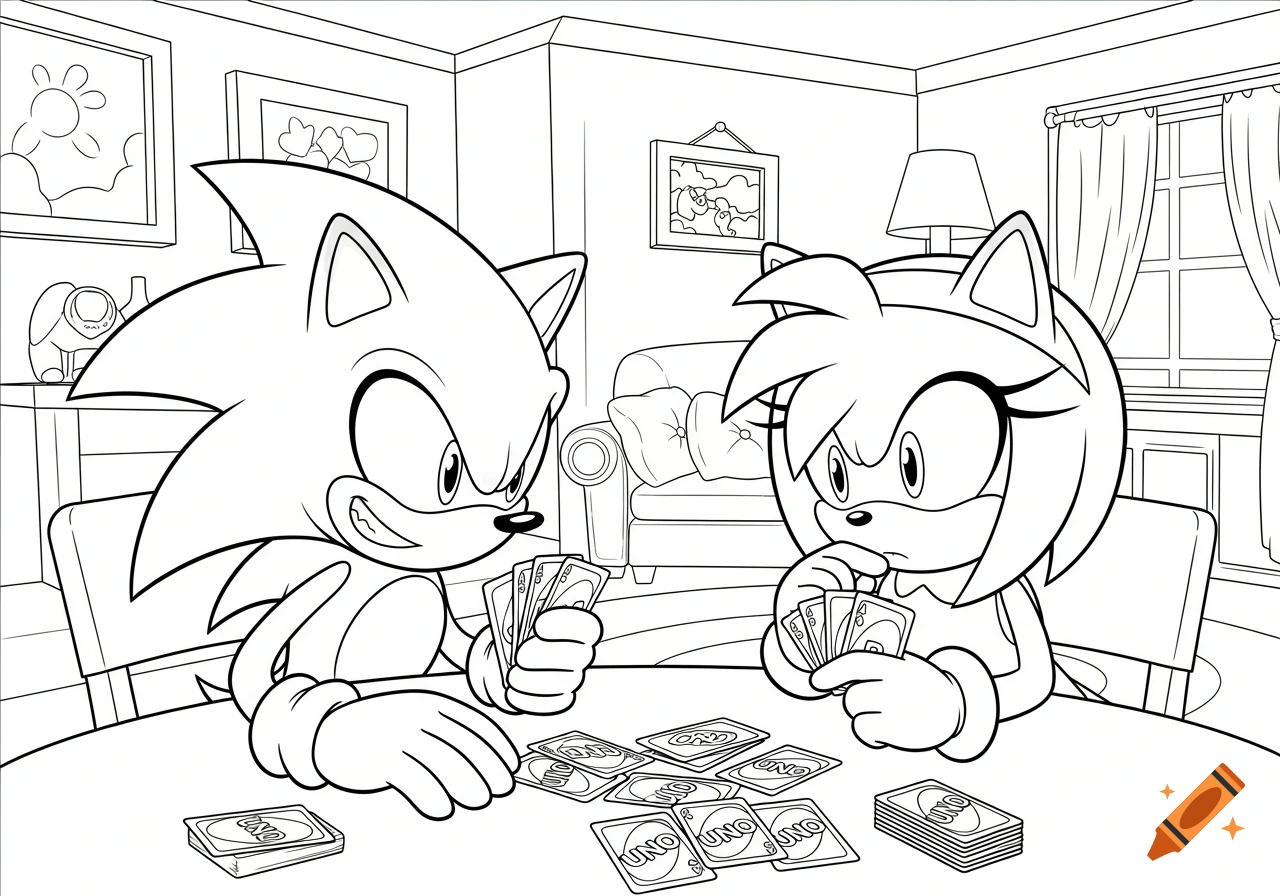 Sonic and Amy playing UNO at a table in a living room, in a line art style coloring page.